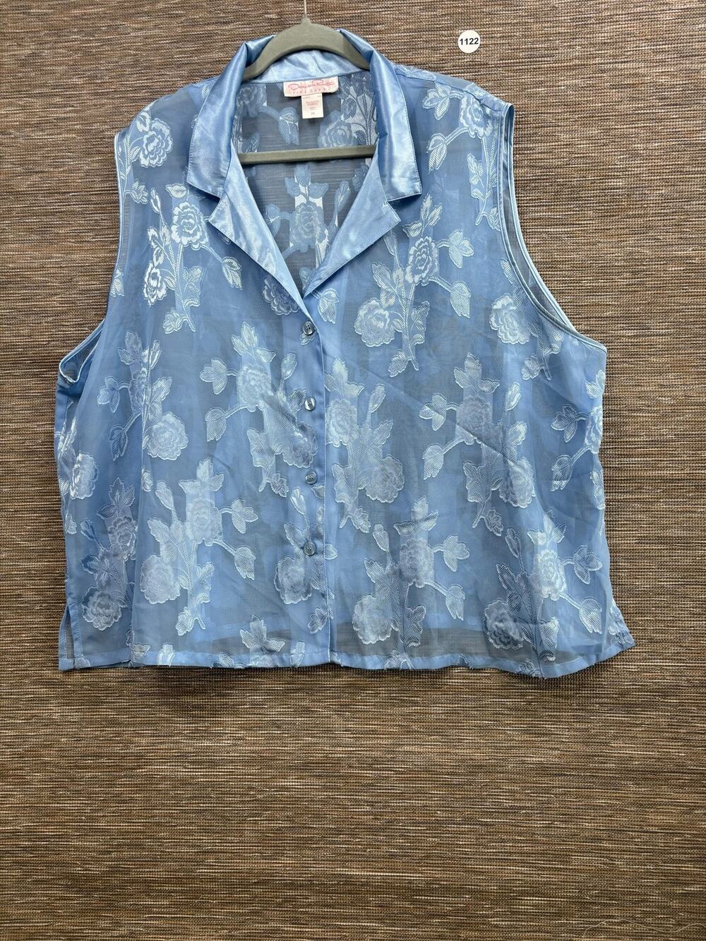 Carole Little Blouse Womens 3X Blue Sheer Floral Collared Button Front Top
